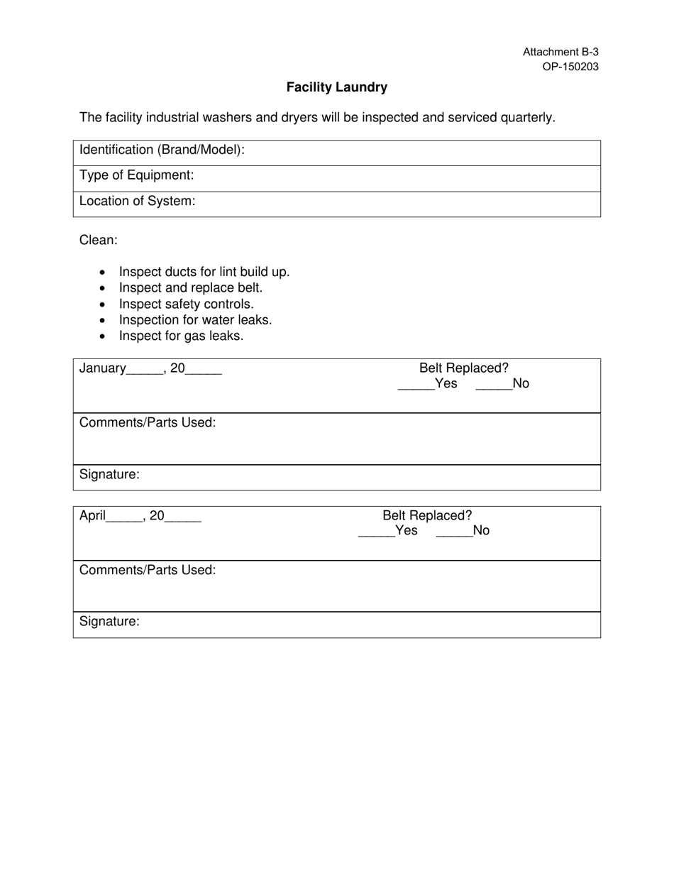 Form OP-150203 Attachment B-3 Facility Laundry - Oklahoma, Page 1