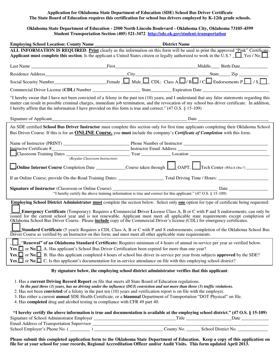 Application for Oklahoma State Department of Education (Sde) School Bus Driver Certificate - Oklahoma, Page 1