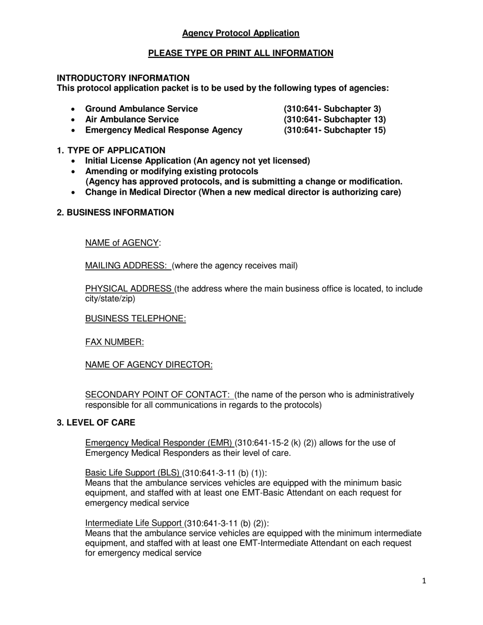 Agency Protocol Application - Oklahoma, Page 1