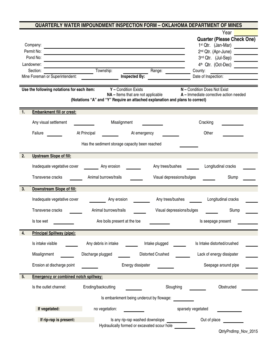 Quarterly Water Impoundment Inspection Form - Oklahoma, Page 1