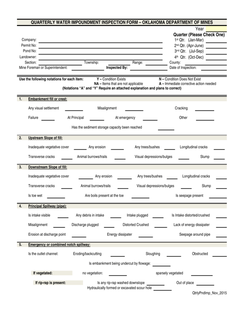 Quarterly Water Impoundment Inspection Form - Oklahoma Download Pdf