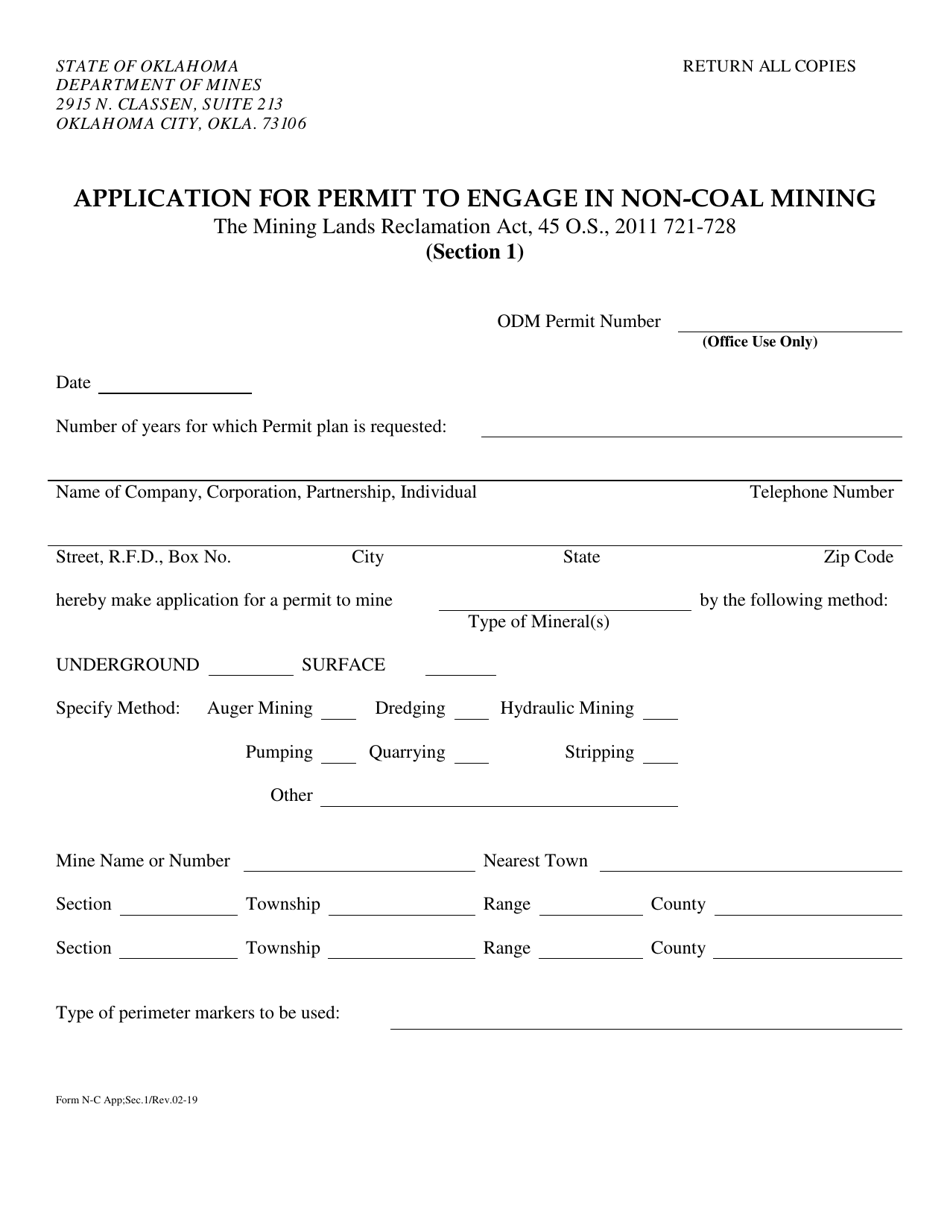 Form N-C Section 1 Application for Permit to Engage in Non-coal Mining - Oklahoma, Page 1