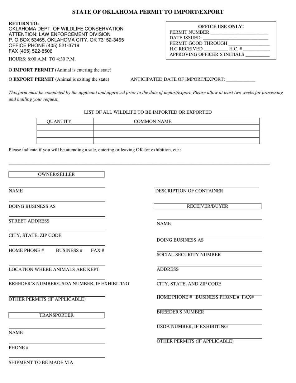 Wildlife Import / Export Application - Oklahoma, Page 1