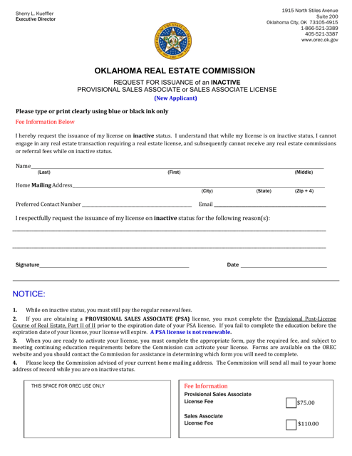 Request for Issuance of an Inactive Provisional Sales Associate or Sales Associate License (New Applicant) - Oklahoma Download Pdf