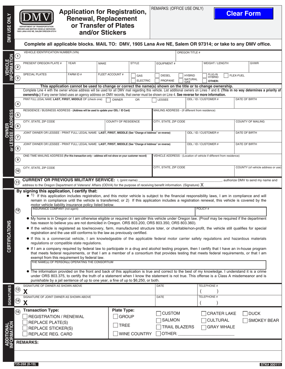 Form 735-268 Application for Registration, Renewal, Replacement or Transfer of Plates and / or Stickers - Oregon, Page 1