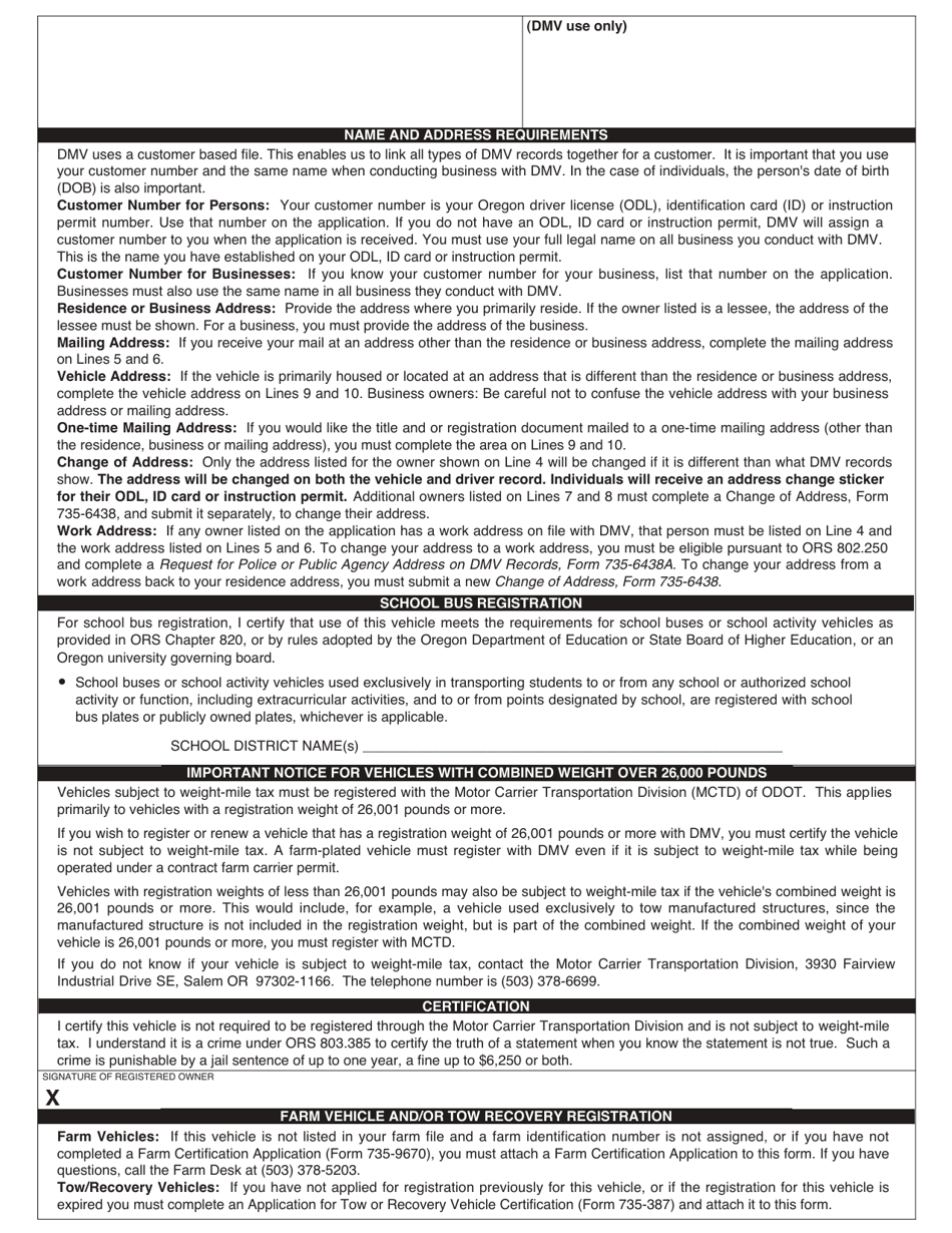 Form 735-268 Application for Registration, Renewal, Replacement or Transfer of Plates and / or Stickers - Oregon, Page 2