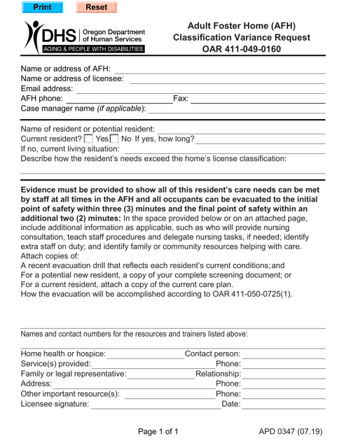 Form SDS0347 Afh Classification - Variance Request - Oregon