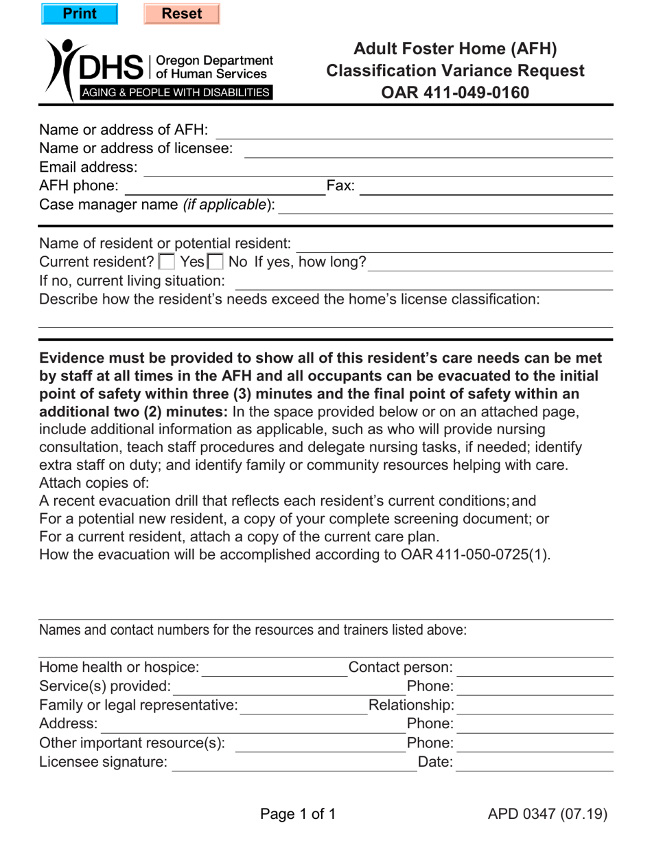 Form SDS0347 Afh Classification - Variance Request - Oregon, Page 1