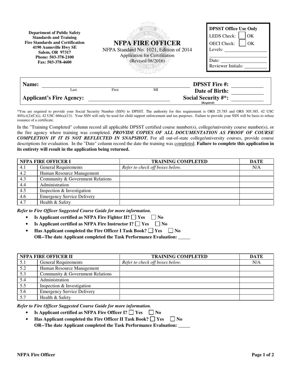 NFPA Fire Officer Application for Certification - Oregon, Page 1