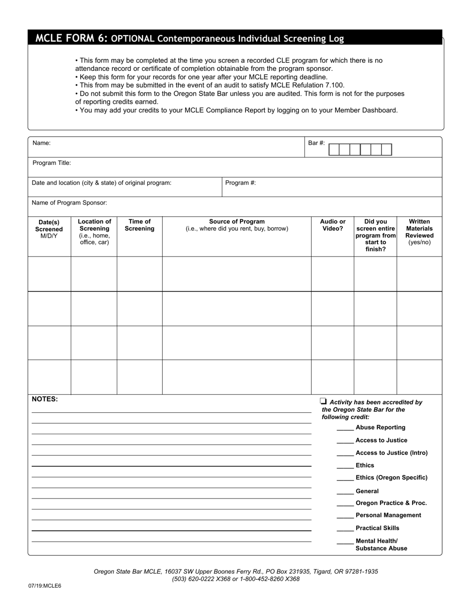 MCLE Form 6 Fill Out, Sign Online and Download Fillable PDF, Oregon