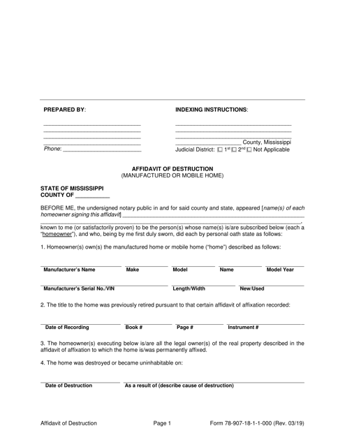 Form 78-907 Affidavit of Destruction - Mississippi