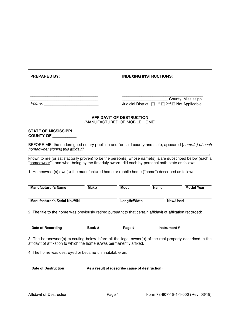 Form 78-907 Affidavit of Destruction - Mississippi, Page 1