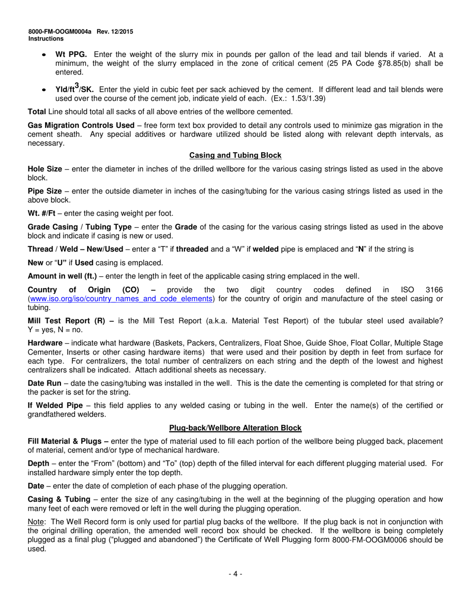 Instructions for Form 8000-FM-OOGM0004A Well Record - Pennsylvania, Page 4