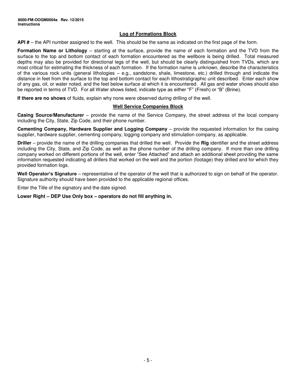 Instructions for Form 8000-FM-OOGM0004A Well Record - Pennsylvania, Page 5