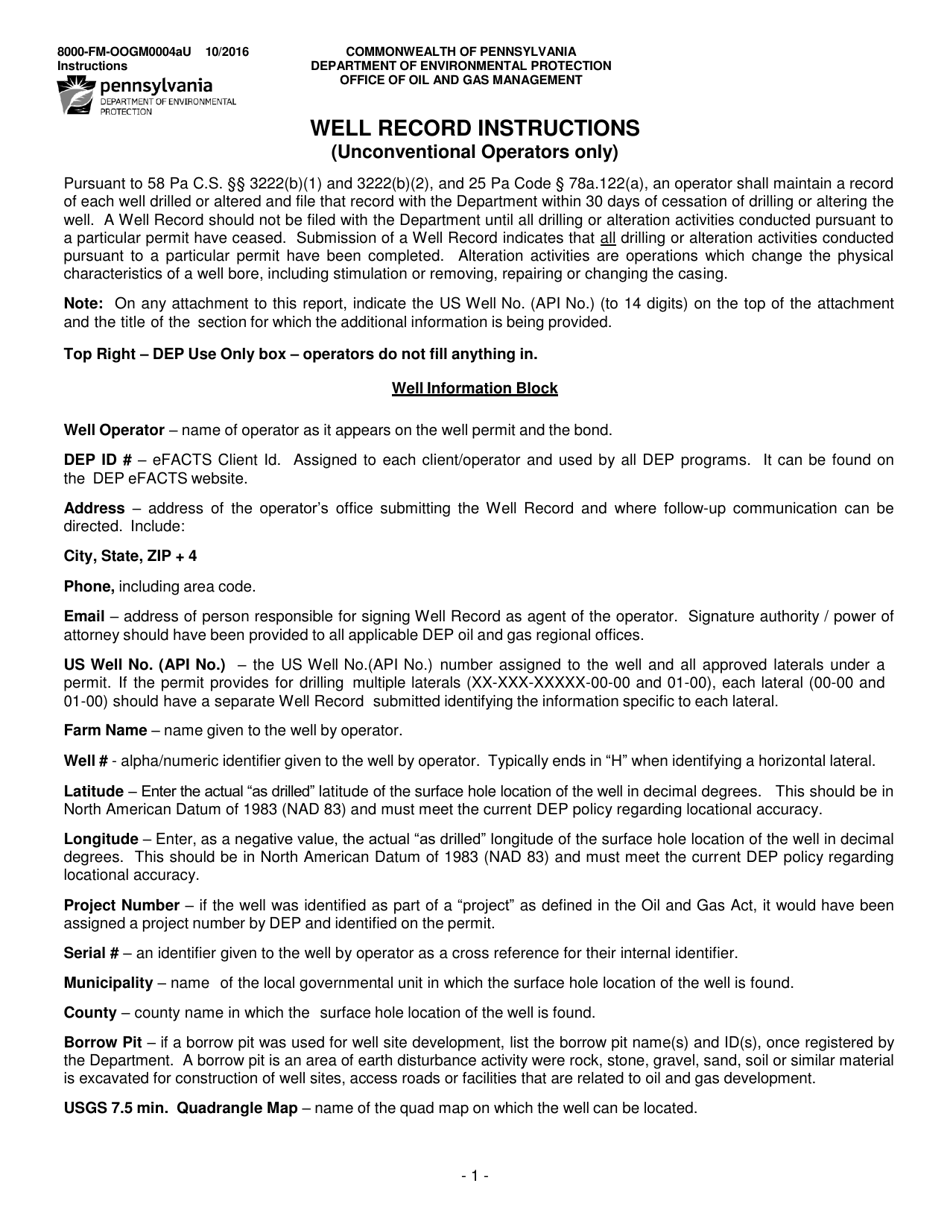 Instructions for Form 8000-FM-OOGM0004AU Well Record (Unconventional Operators Only) - Pennsylvania, Page 1