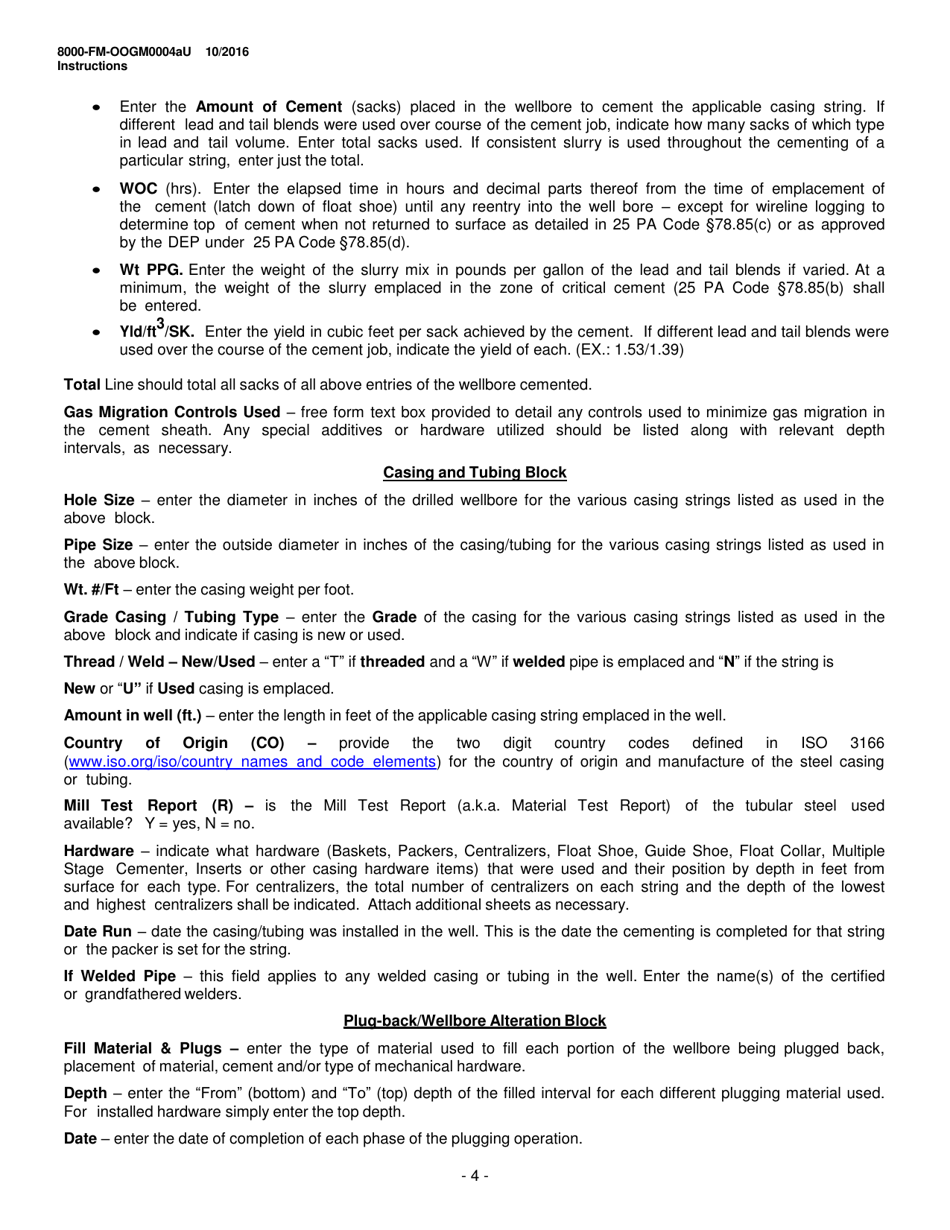 Instructions for Form 8000-FM-OOGM0004AU Well Record (Unconventional Operators Only) - Pennsylvania, Page 4