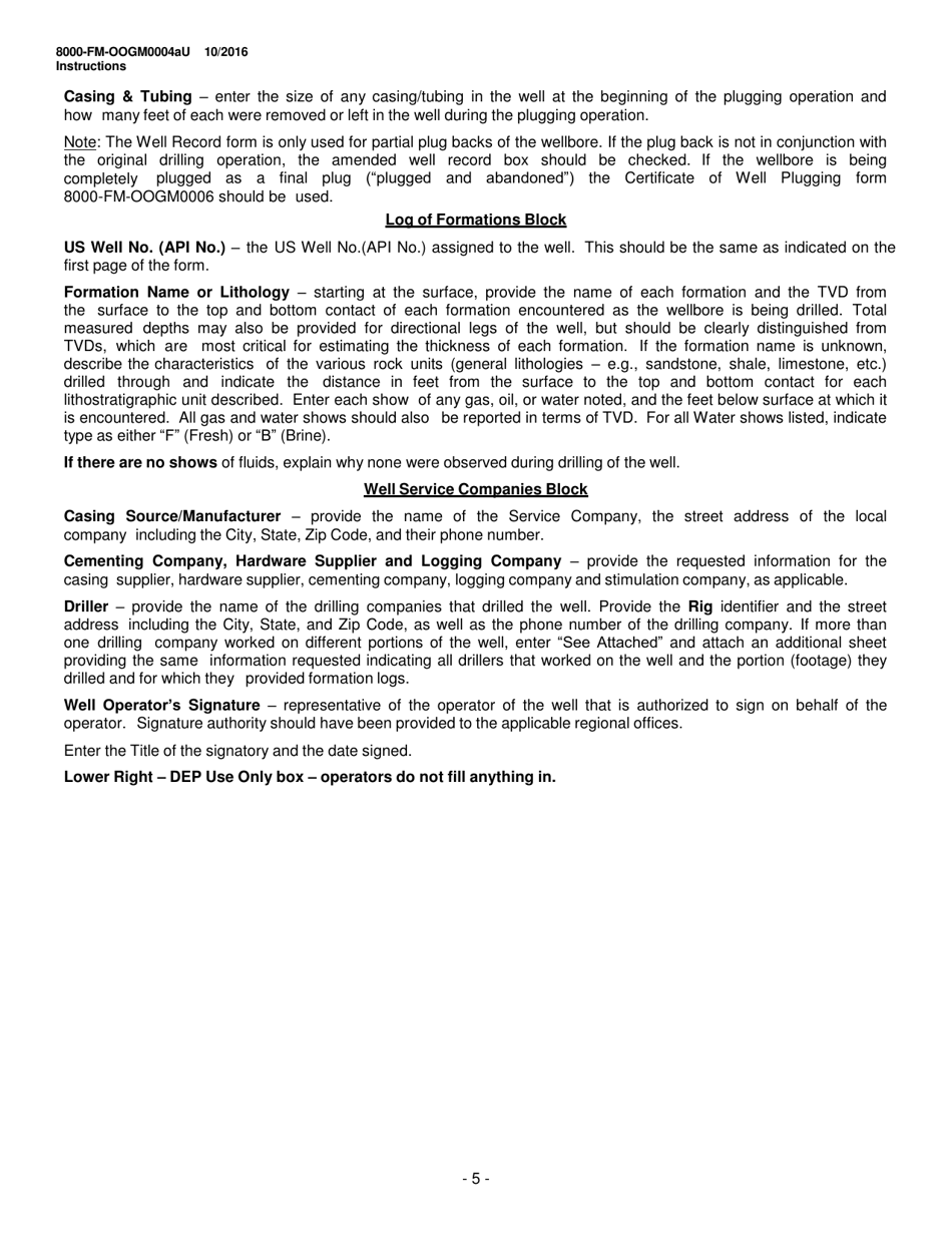 Instructions for Form 8000-FM-OOGM0004AU Well Record (Unconventional Operators Only) - Pennsylvania, Page 5