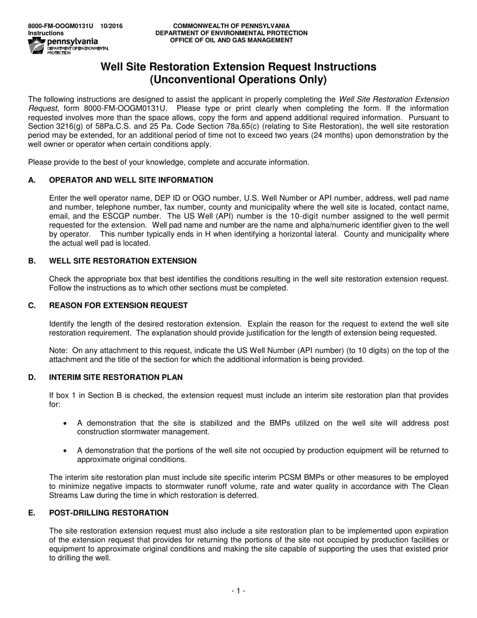 Instructions for Form 8000-FM-OOGM0131U Well Site Restoration Extension Request (Unconventional Operations Only) - Pennsylvania, Page 1