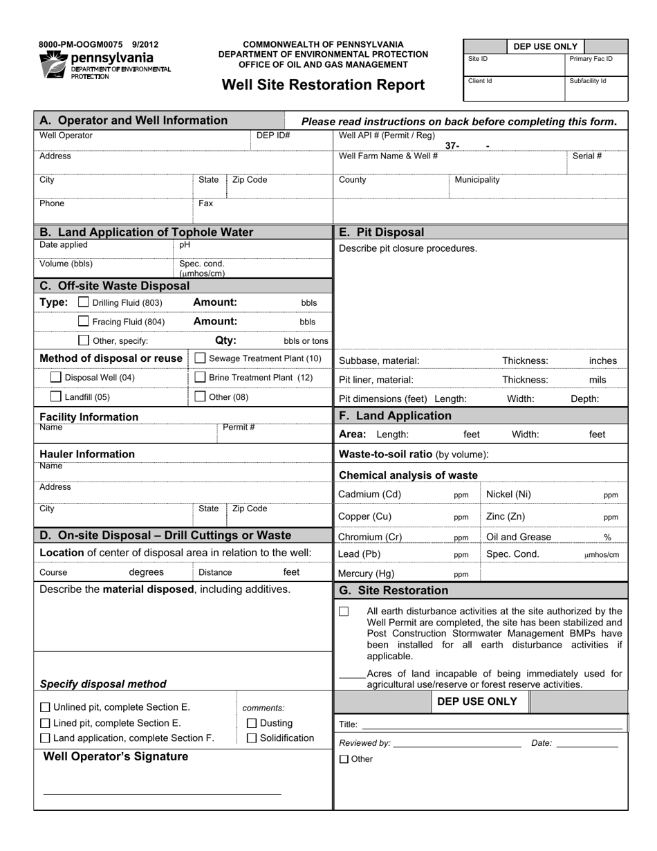 Form 8000-PM-OOGM0075 Well Site Restoration Report - Pennsylvania, Page 1