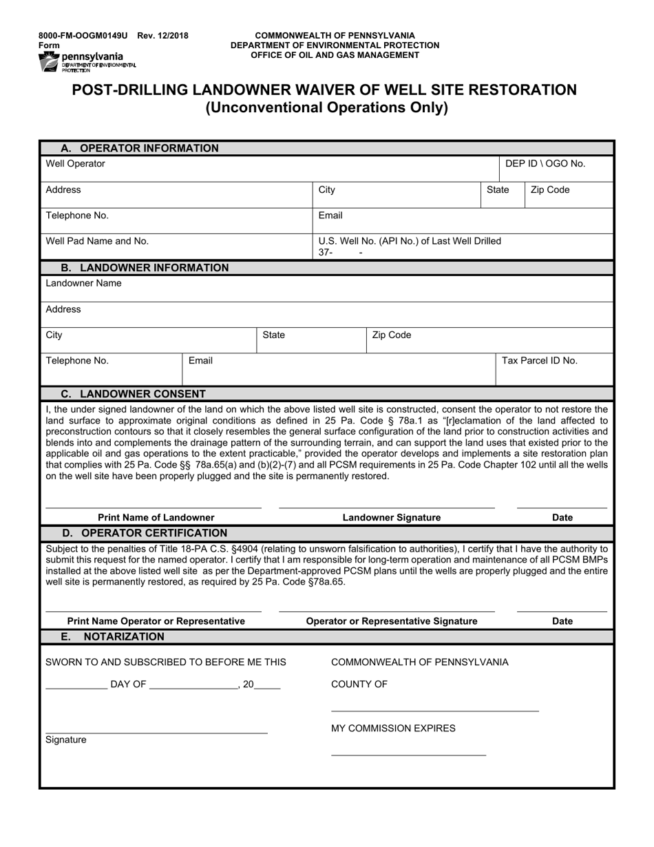 Form 8000-FM-OOGM0149U Post-drilling Landowner Waiver of Well Site Restoration (Unconventional Operations Only) - Pennsylvania, Page 1