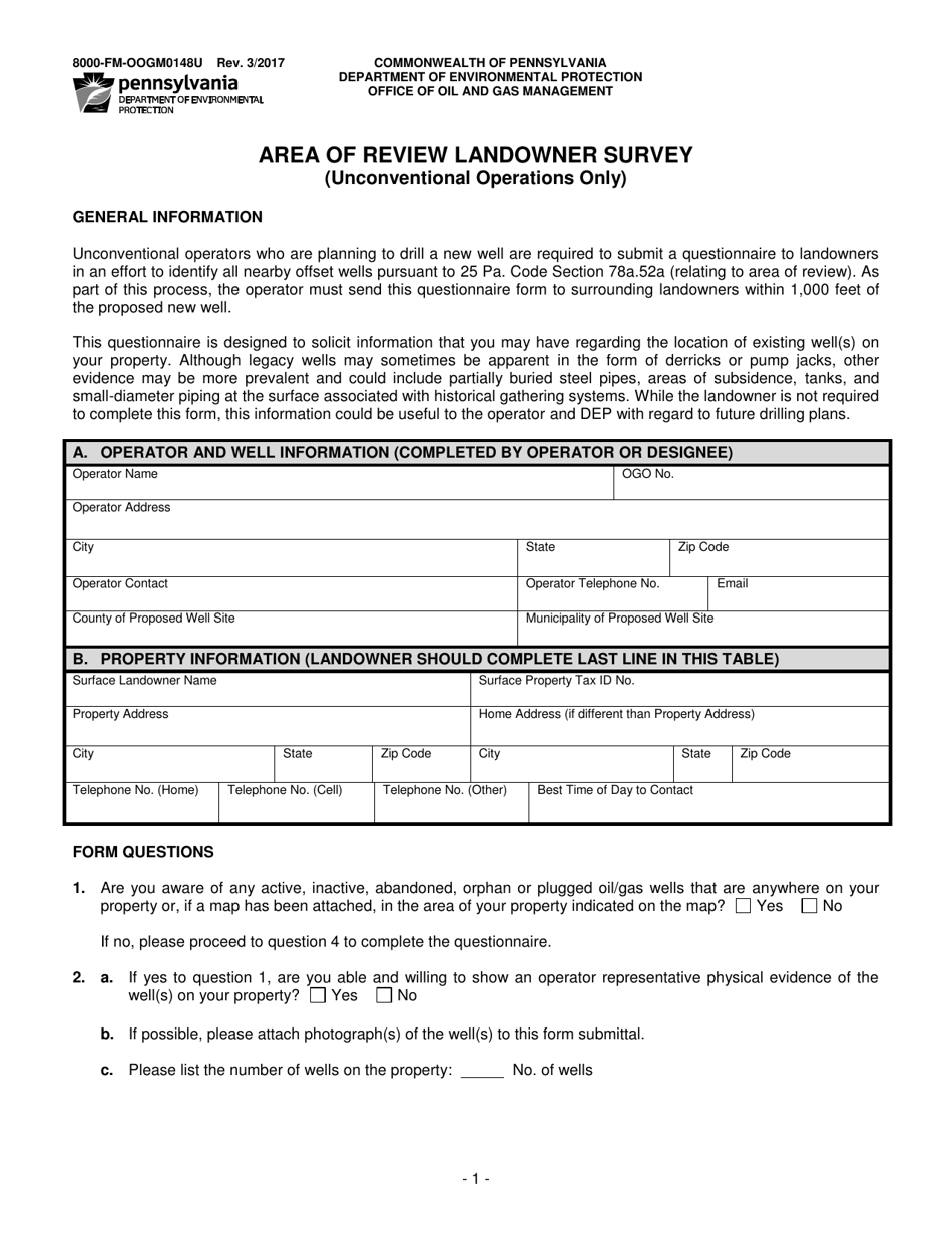 Form 8000-FM-OOGM0148U Area of Review Landowner Survey (Unconventional Operations Only) - Pennsylvania, Page 1