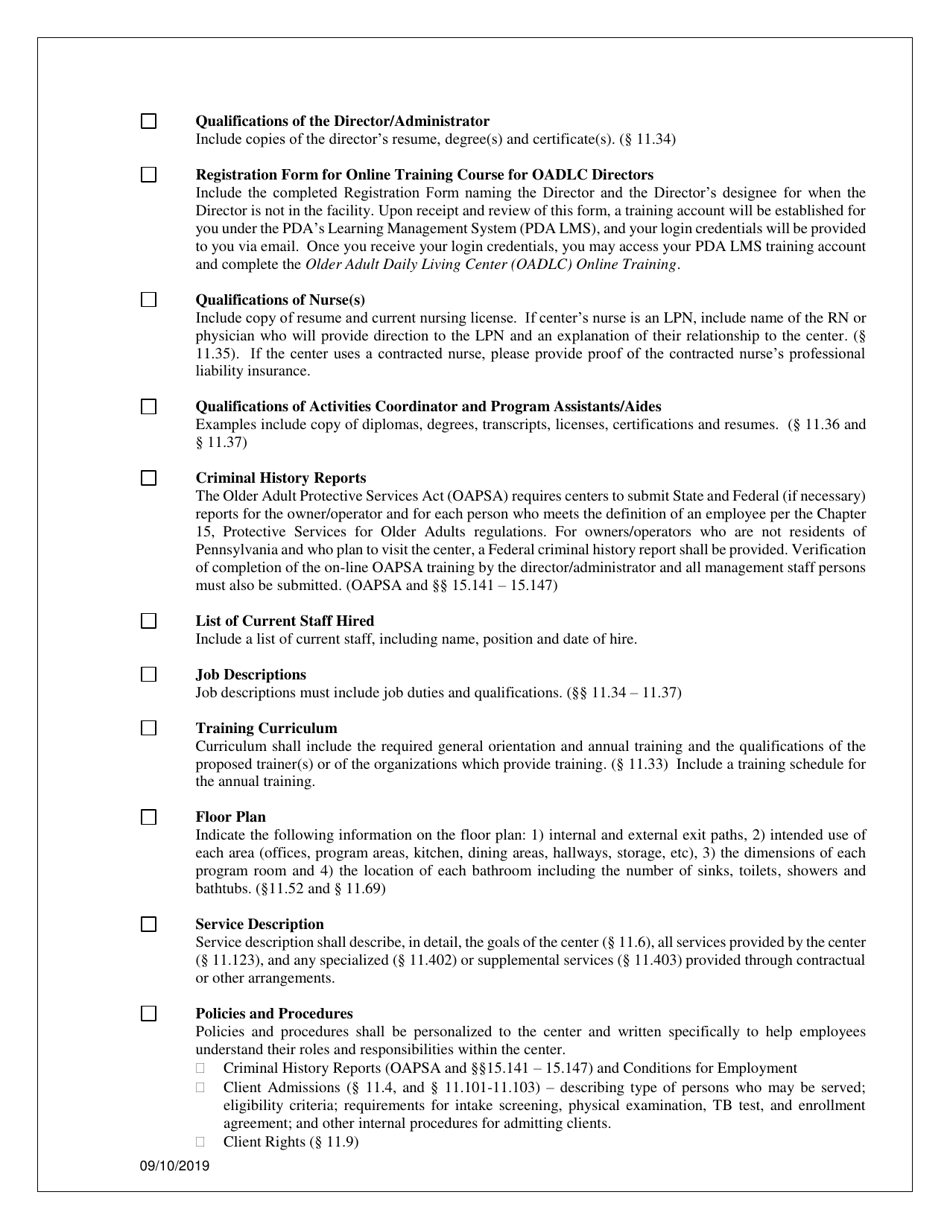 Initial Application Checklist for Older Adult Daily Living Center Licensure - Pennsylvania, Page 2