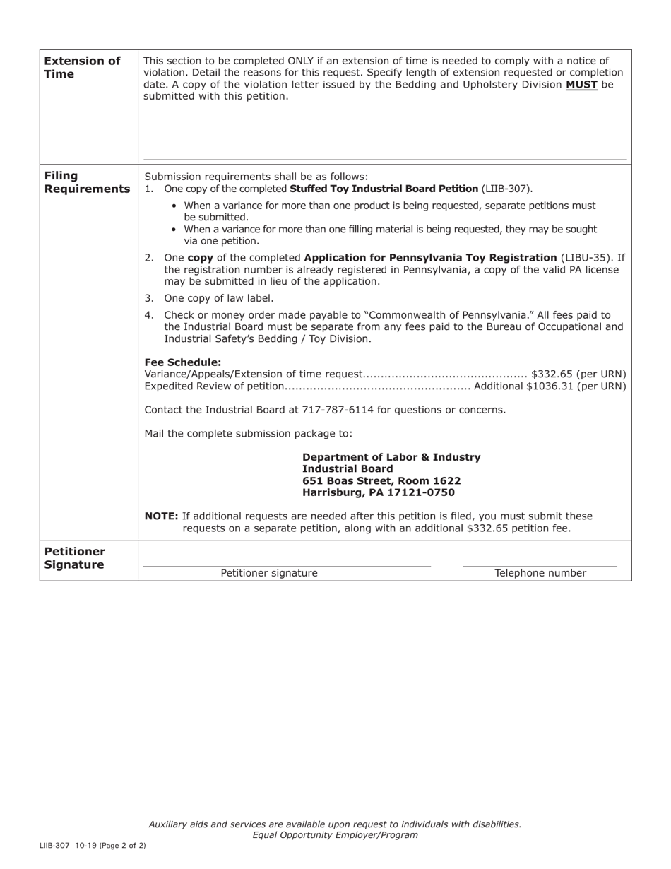 Form LIIB-307 Stuffed Toy Industrial Board Petition - Pennsylvania, Page 2