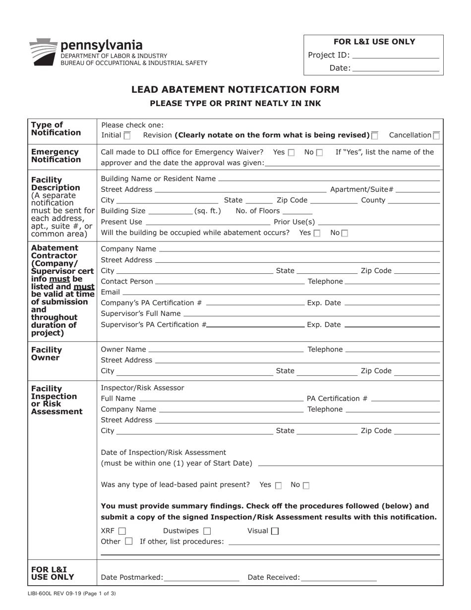 Form LIBI-600L Lead Abatement Notification Form - Pennsylvania, Page 1
