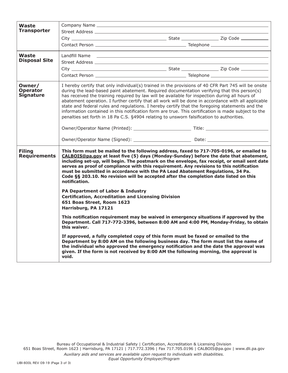 Form LIBI-600L Lead Abatement Notification Form - Pennsylvania, Page 3
