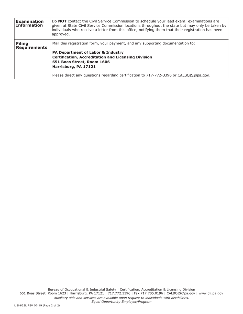 Form LIBI-622L Registration for Lead Occupation Certification Exam - Pennsylvania, Page 2