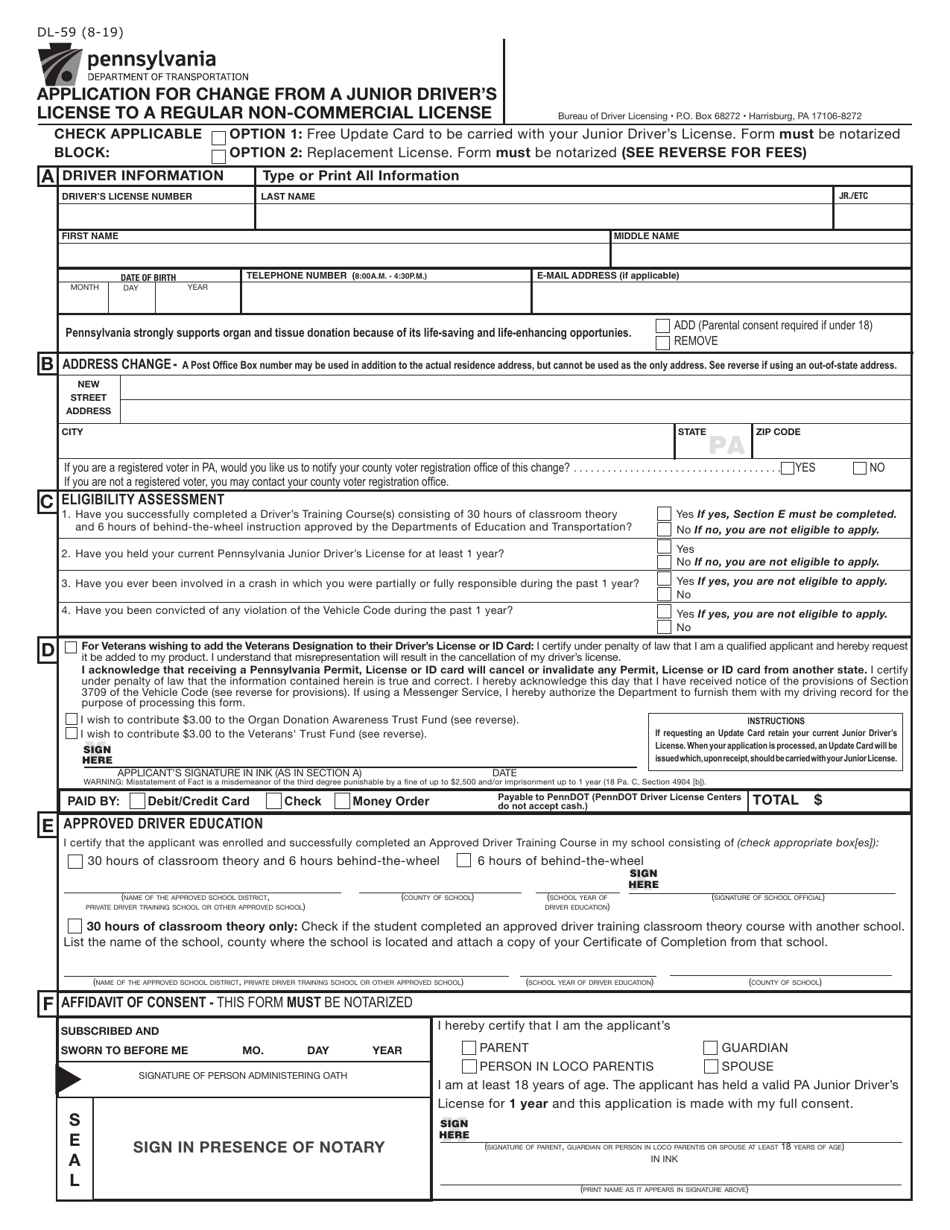 Form DL-59 Application for Change From a Junior Drivers License to a Regular Non-commercial License - Pennsylvania, Page 1