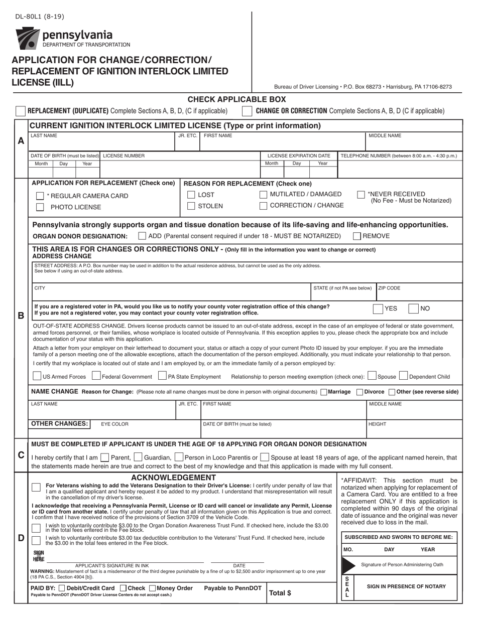 Form DL-80L1 Application for Change / Correction / Replacement of Ignition Interlock Limited License (Iill) - Pennsylvania, Page 1