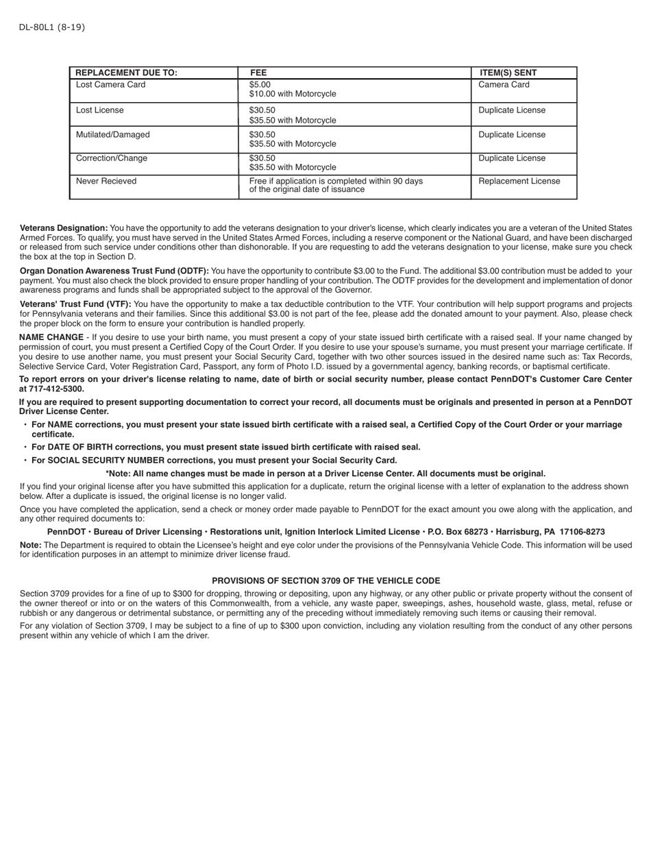 Form DL-80L1 Application for Change / Correction / Replacement of Ignition Interlock Limited License (Iill) - Pennsylvania, Page 2