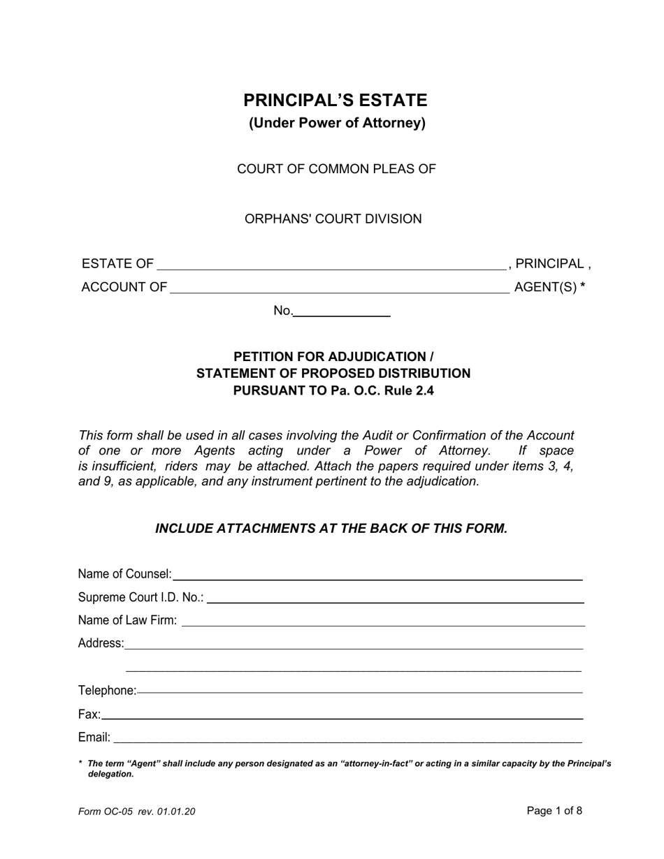 Form OC-05 Petition for Adjudication /Statement of Proposed Distribution Pursuant to Pa. O.c. Rule 6.9 - Pennsylvania, Page 1