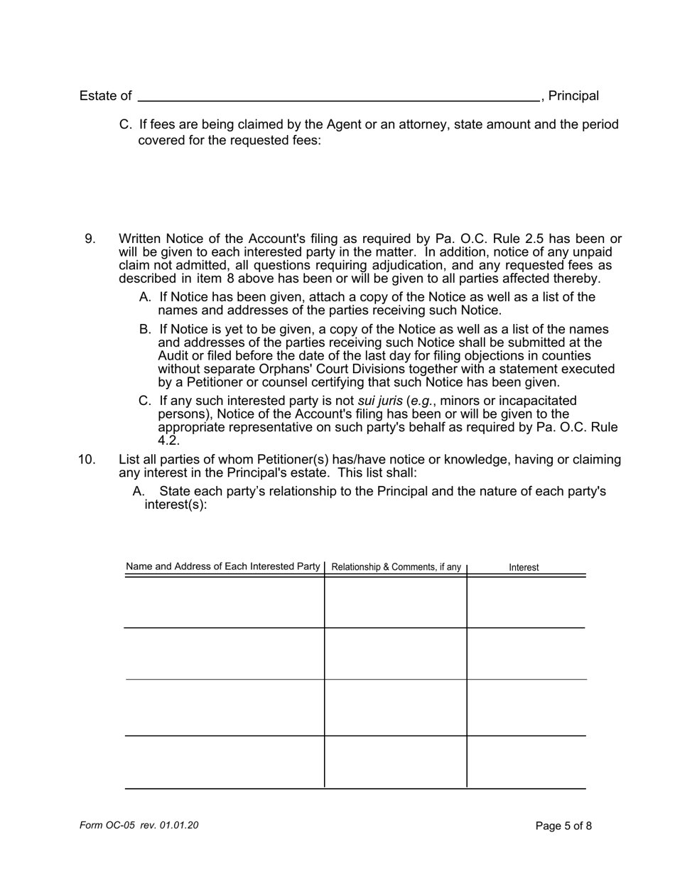Form OC-05 Petition for Adjudication / Statement of Proposed Distribution Pursuant to Pa. O.c. Rule 6.9 - Pennsylvania, Page 5