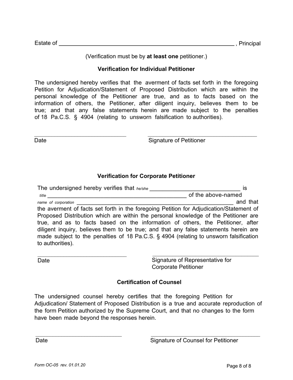 Form OC-05 Petition for Adjudication / Statement of Proposed Distribution Pursuant to Pa. O.c. Rule 6.9 - Pennsylvania, Page 8