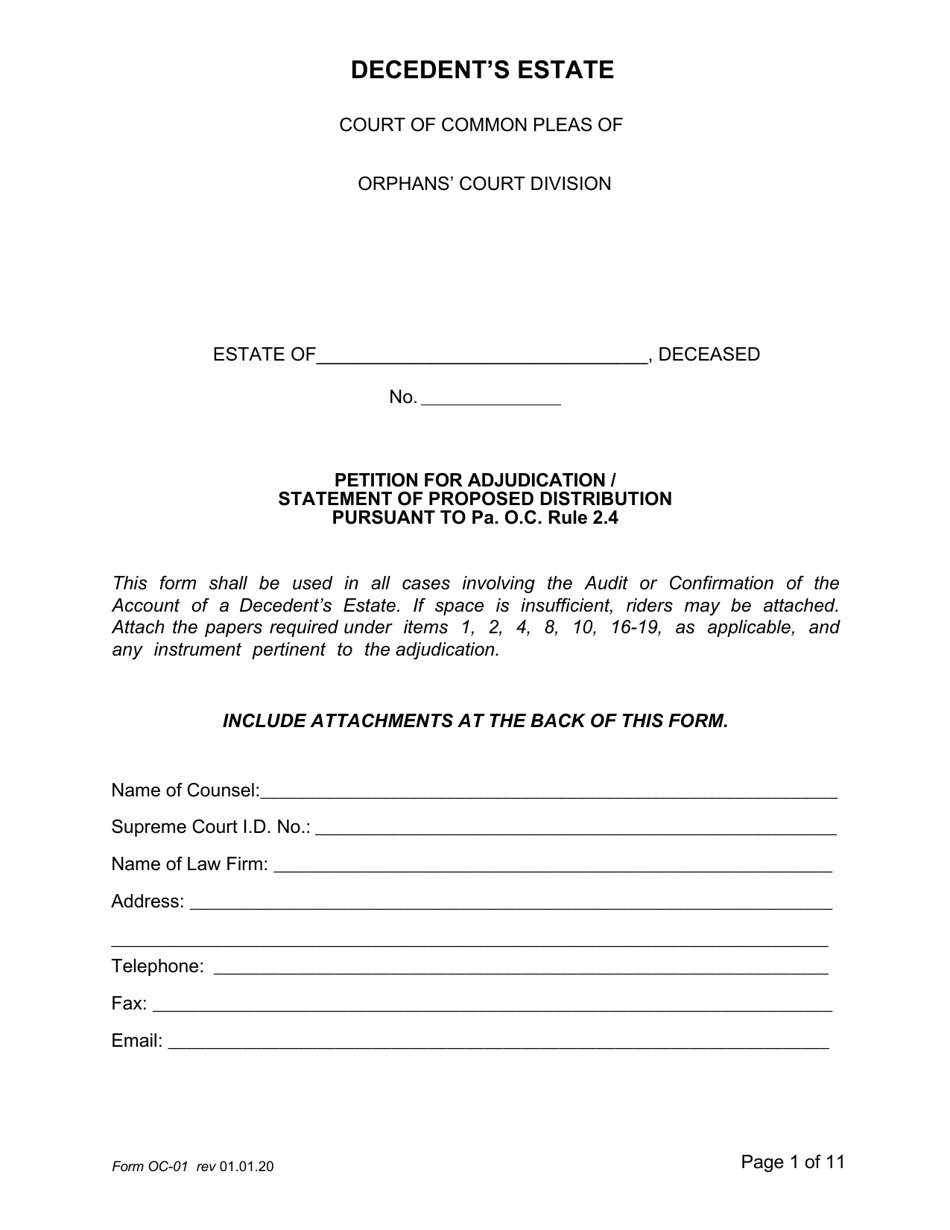 Form OC-1 Petition for Adjudication / Statement of Proposed Distribution Pursuant to Pa. O.c. Rule 2.4 - Pennsylvania, Page 1