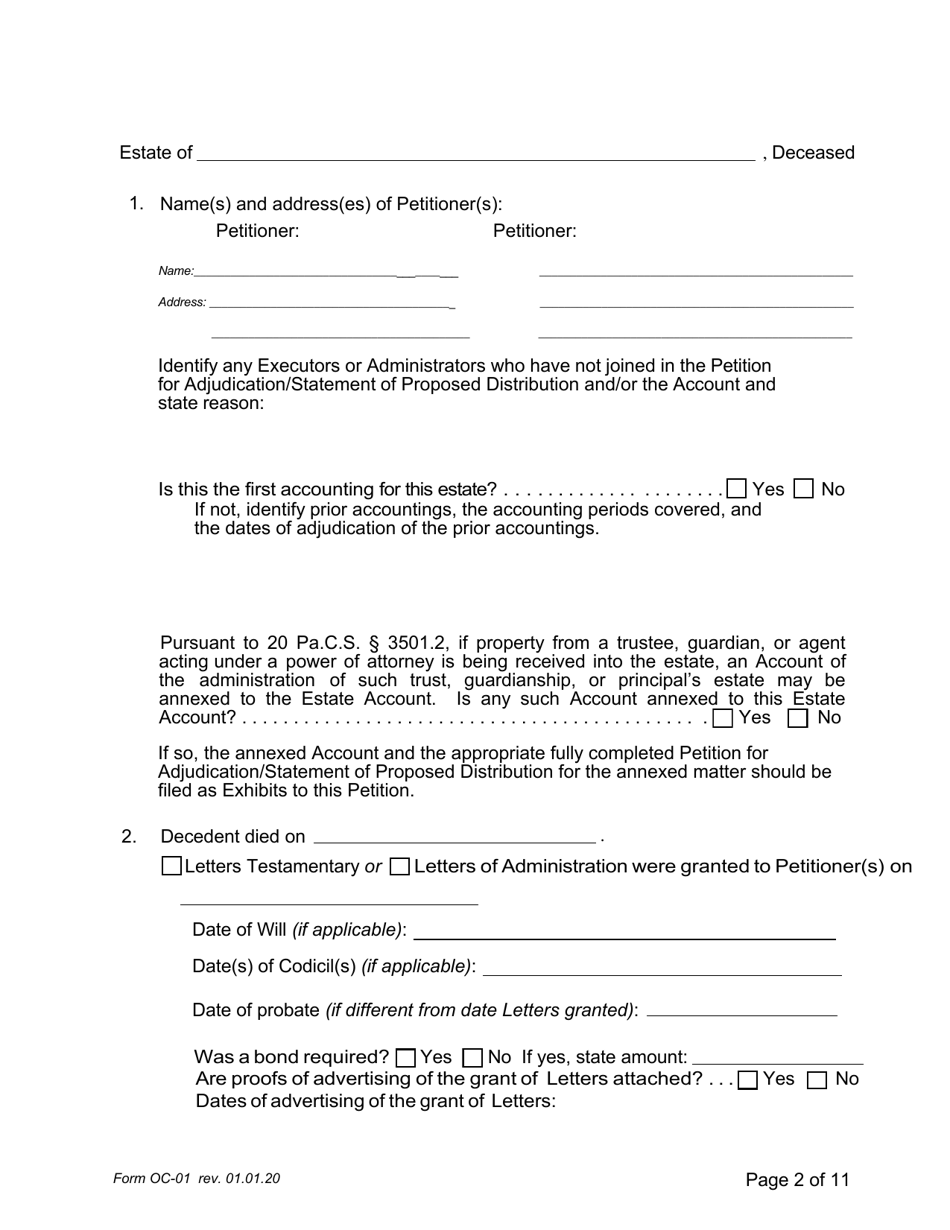 Form OC-1 Petition for Adjudication / Statement of Proposed Distribution Pursuant to Pa. O.c. Rule 2.4 - Pennsylvania, Page 2