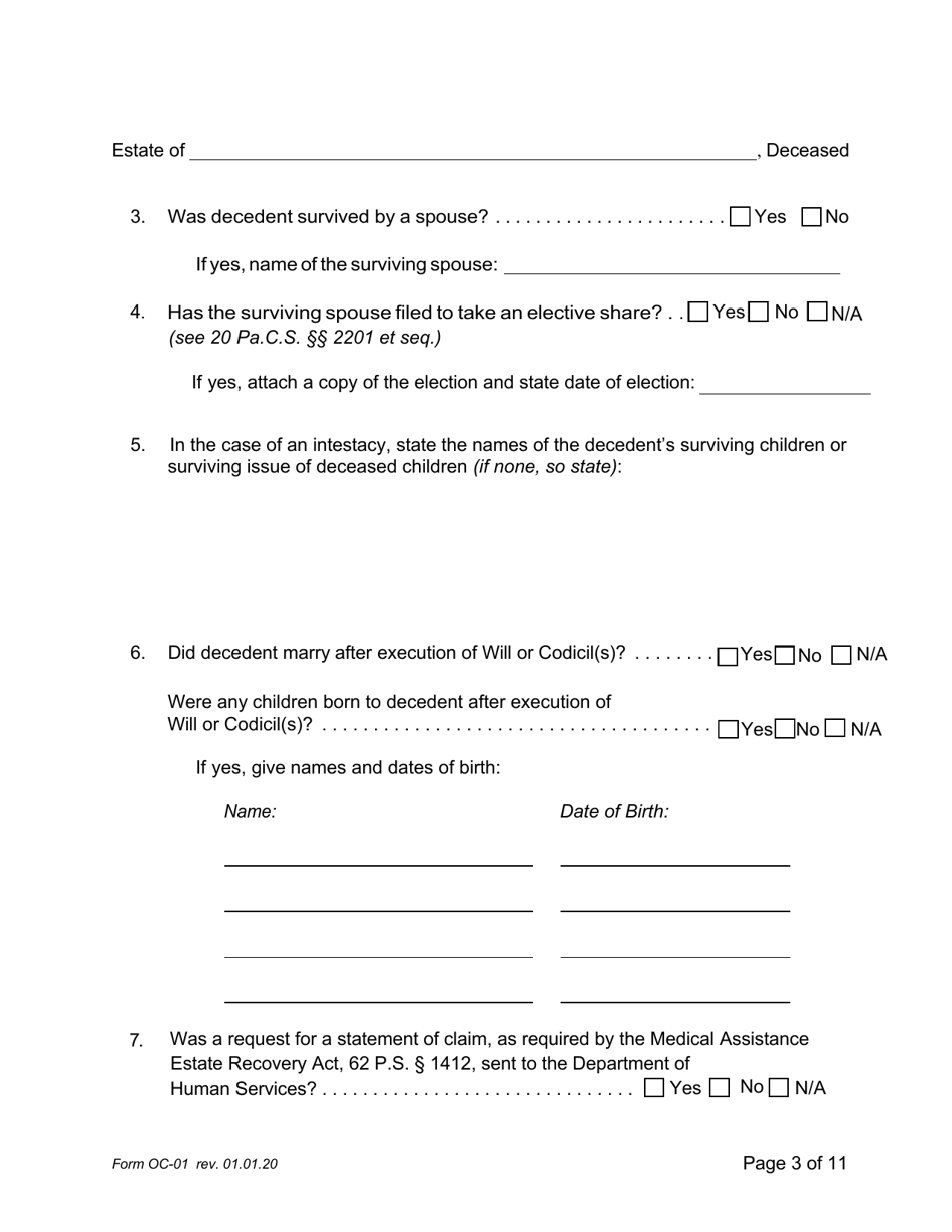 Form OC-1 Petition for Adjudication / Statement of Proposed Distribution Pursuant to Pa. O.c. Rule 2.4 - Pennsylvania, Page 3