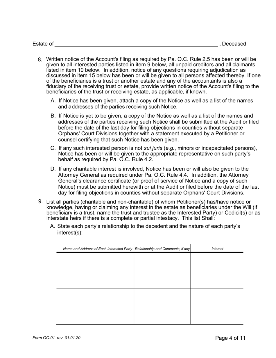Form OC-1 Petition for Adjudication / Statement of Proposed Distribution Pursuant to Pa. O.c. Rule 2.4 - Pennsylvania, Page 4