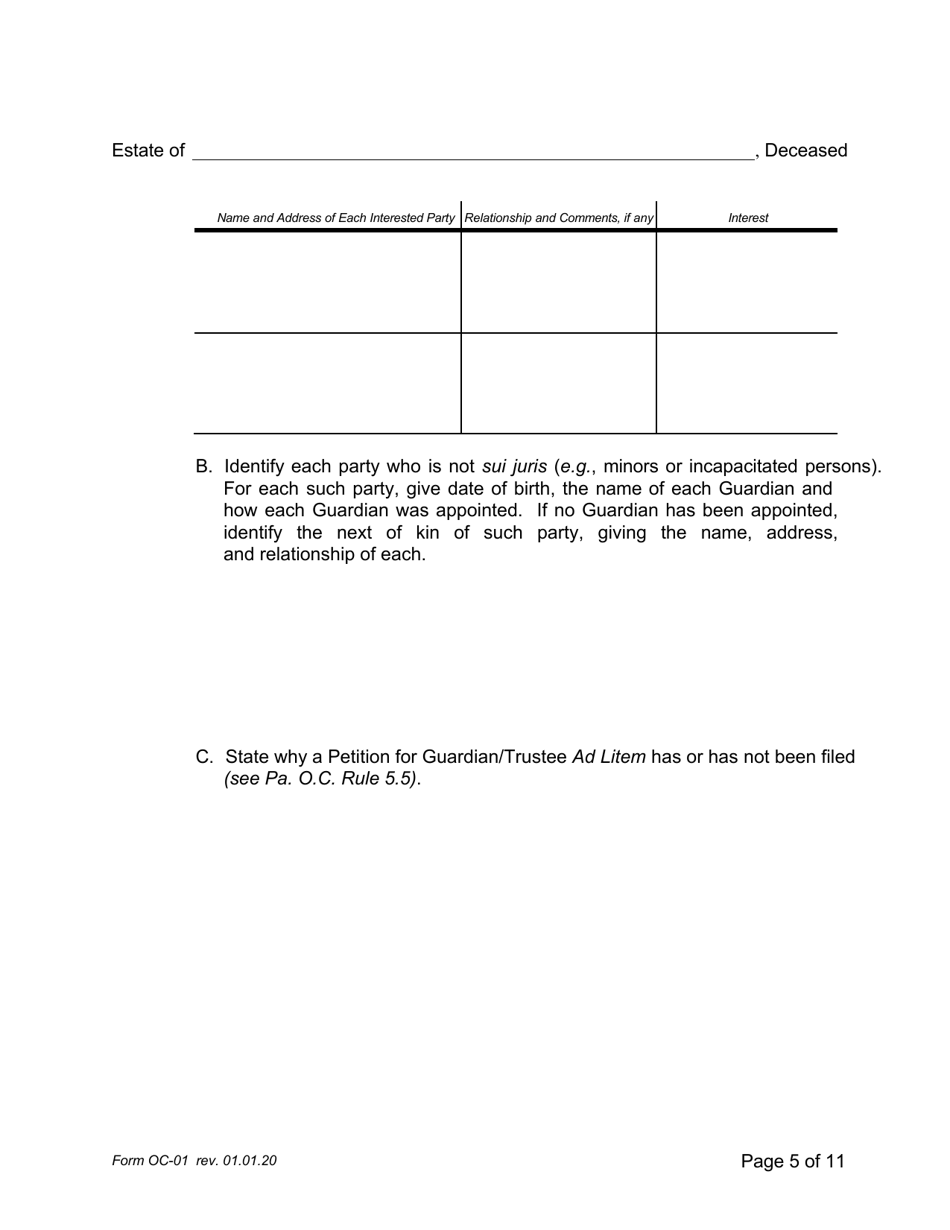 Form OC-1 Petition for Adjudication / Statement of Proposed Distribution Pursuant to Pa. O.c. Rule 2.4 - Pennsylvania, Page 5