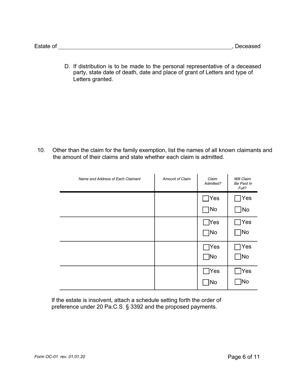 Form OC-1 Petition for Adjudication / Statement of Proposed Distribution Pursuant to Pa. O.c. Rule 2.4 - Pennsylvania, Page 6