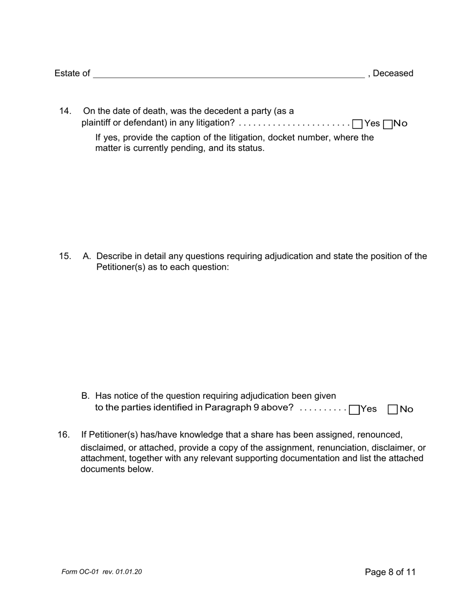 Form OC-1 Petition for Adjudication / Statement of Proposed Distribution Pursuant to Pa. O.c. Rule 2.4 - Pennsylvania, Page 8
