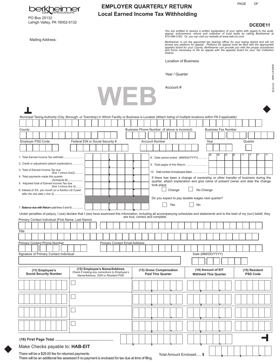 Form DCEDE11 Employer Quarterly Return Local Earned Income Tax Withholding - Pennsylvania, Page 1