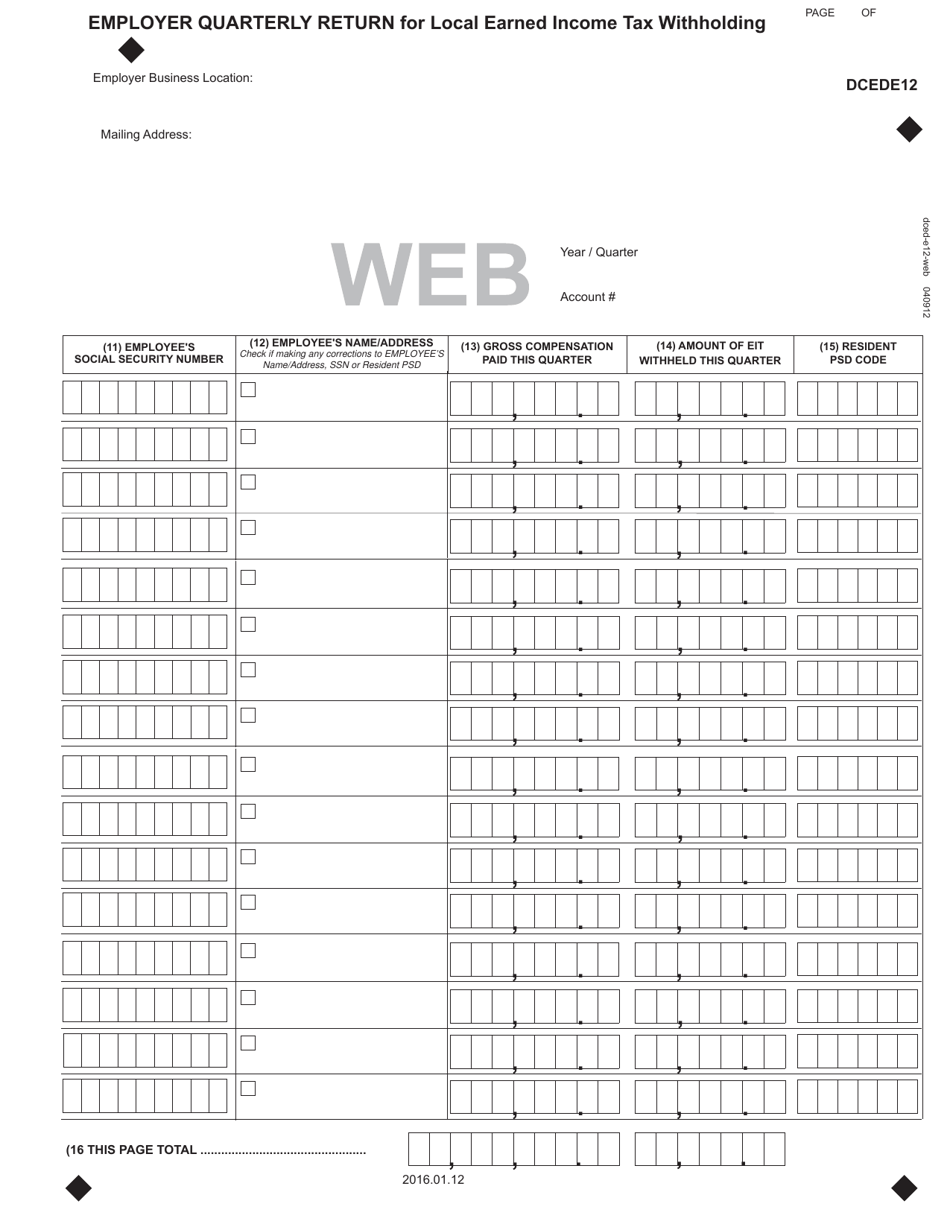 Form DCEDE11 Employer Quarterly Return Local Earned Income Tax Withholding - Pennsylvania, Page 2