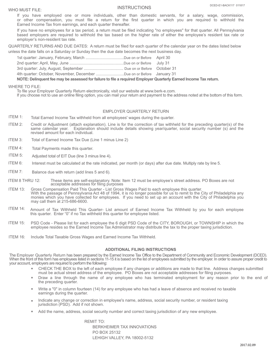 Form DCEDE11 Employer Quarterly Return Local Earned Income Tax Withholding - Pennsylvania, Page 3