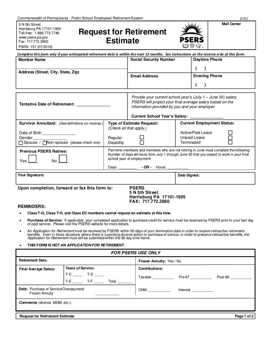 Form PSRS-151 Request for Retirement Estimate - Pennsylvania, Page 1