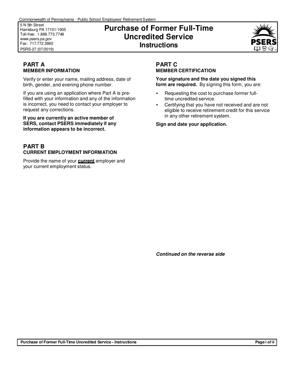 Form PSRS-27 Purchase Credit for Full-Time Service - Pennsylvania, Page 3
