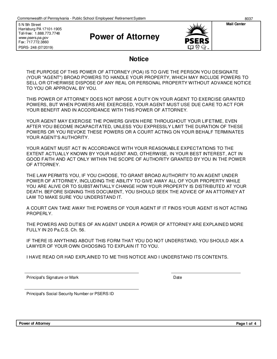 Form PSRS-248 Power of Attorney - Pennsylvania, Page 3