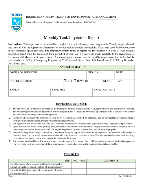 Monthly Tank Inspection Report - Rhode Island Download Pdf